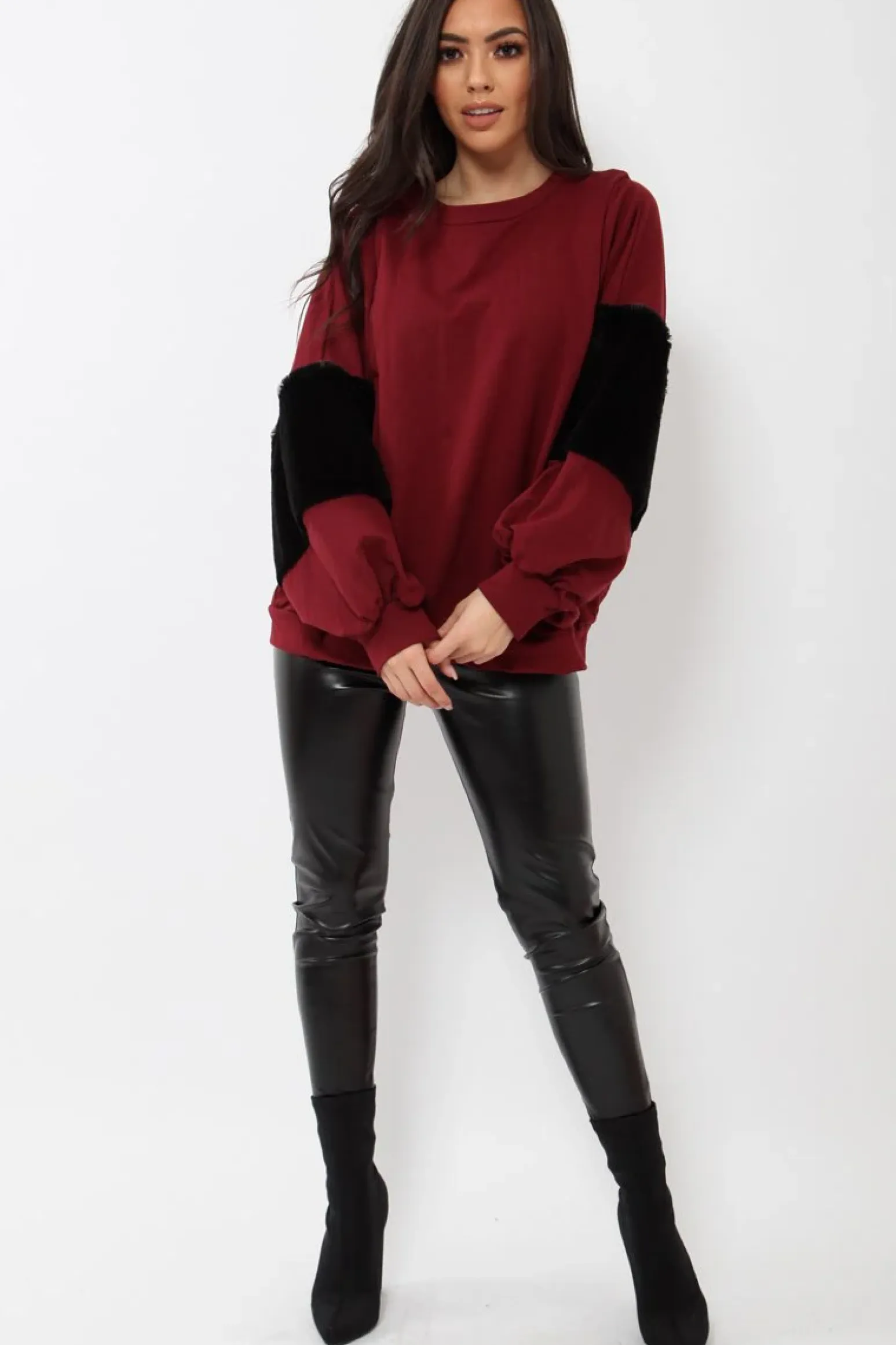 Rebellious Fashion Wine Jumper with Fur Sleeves - Stephanie