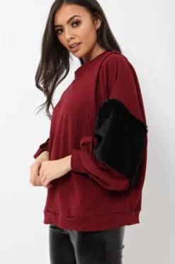 Rebellious Fashion Wine Jumper with Fur Sleeves - Stephanie