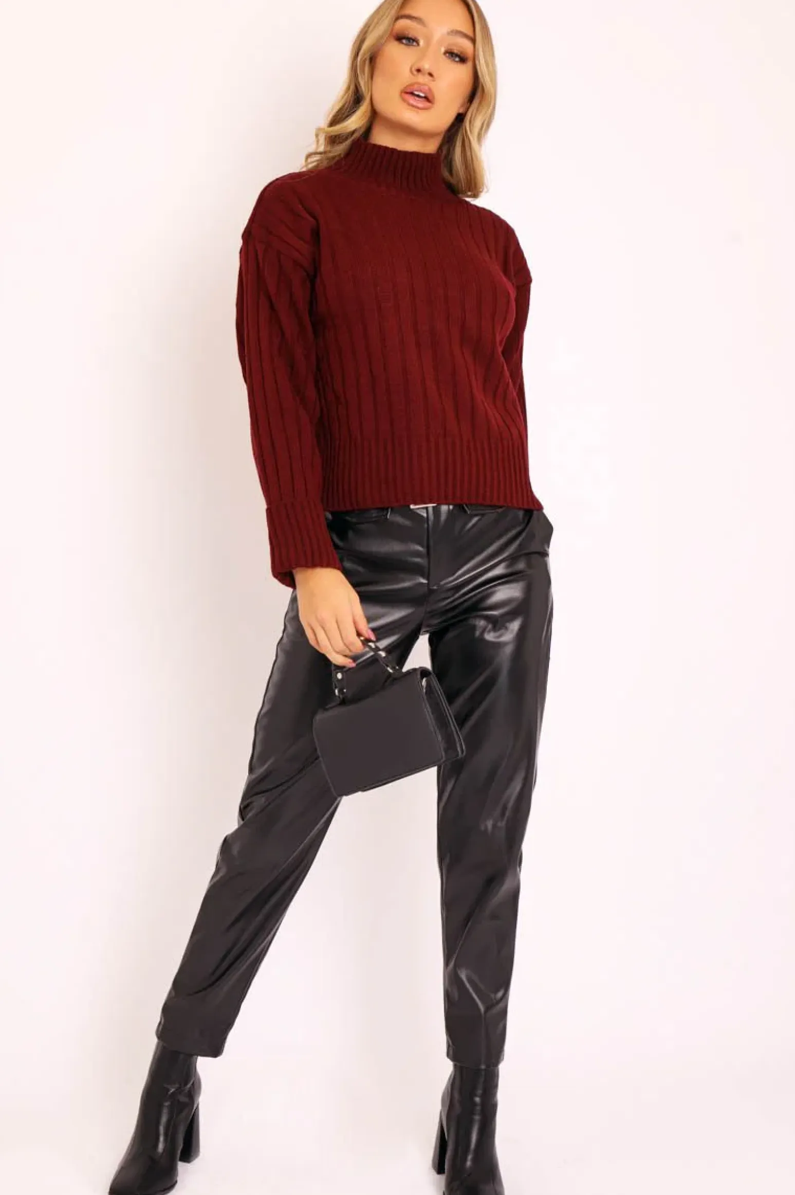 Rebellious Fashion Wine Knit High Neck Jumper - Jaelynn
