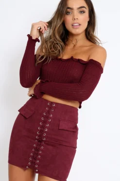 Rebellious Fashion Wine Knitted Bardot Frill Crop Top - Kesia