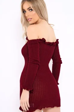 Rebellious Fashion Wine Knitted Bardot Frill Dress - Leisha