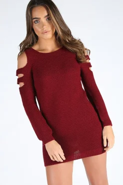 Rebellious Fashion Wine Knitted Cold Shoulder Cut Out Jumper Dress - Sienna