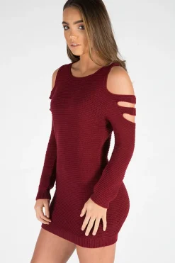 Rebellious Fashion Wine Knitted Cold Shoulder Cut Out Jumper Dress - Sienna