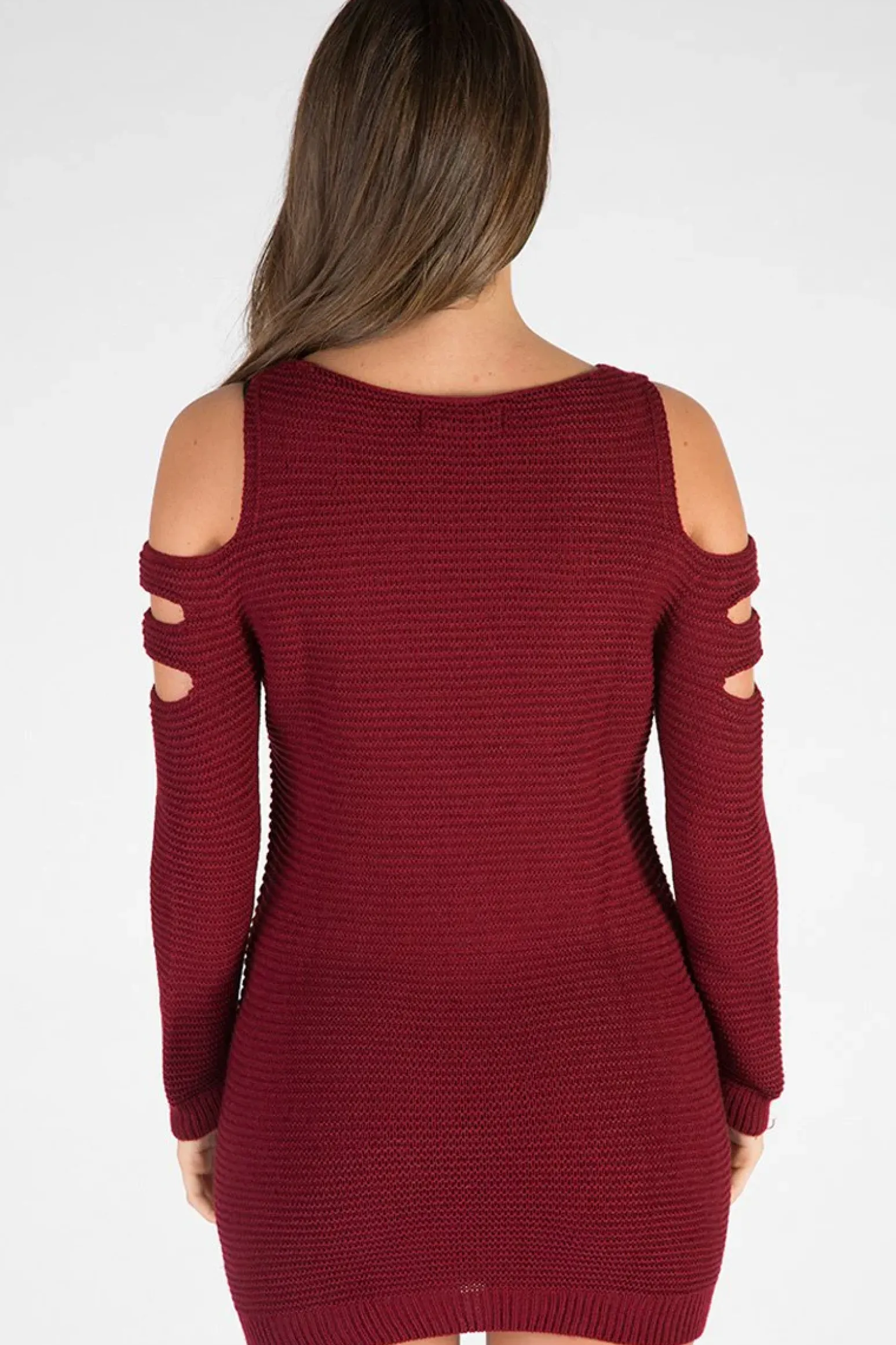 Rebellious Fashion Wine Knitted Cold Shoulder Cut Out Jumper Dress - Sienna