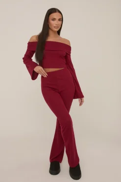 Rebellious Fashion Wine Knitted Fold Down Co Ord Set - Paisley