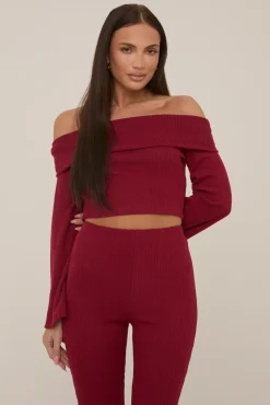Rebellious Fashion Wine Knitted Fold Down Co Ord Set - Paisley