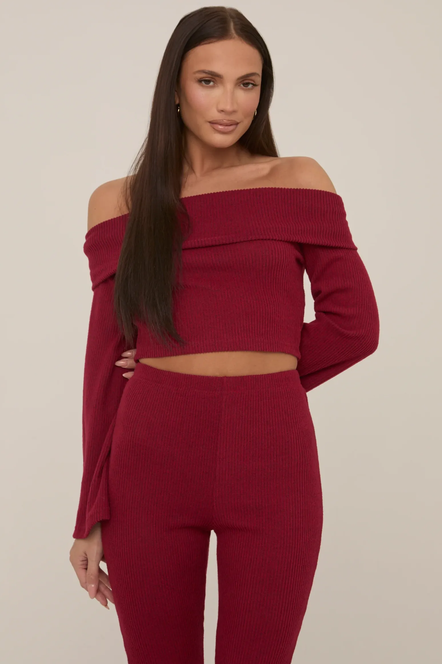 Rebellious Fashion Wine Knitted Fold Down Co Ord Set - Paisley