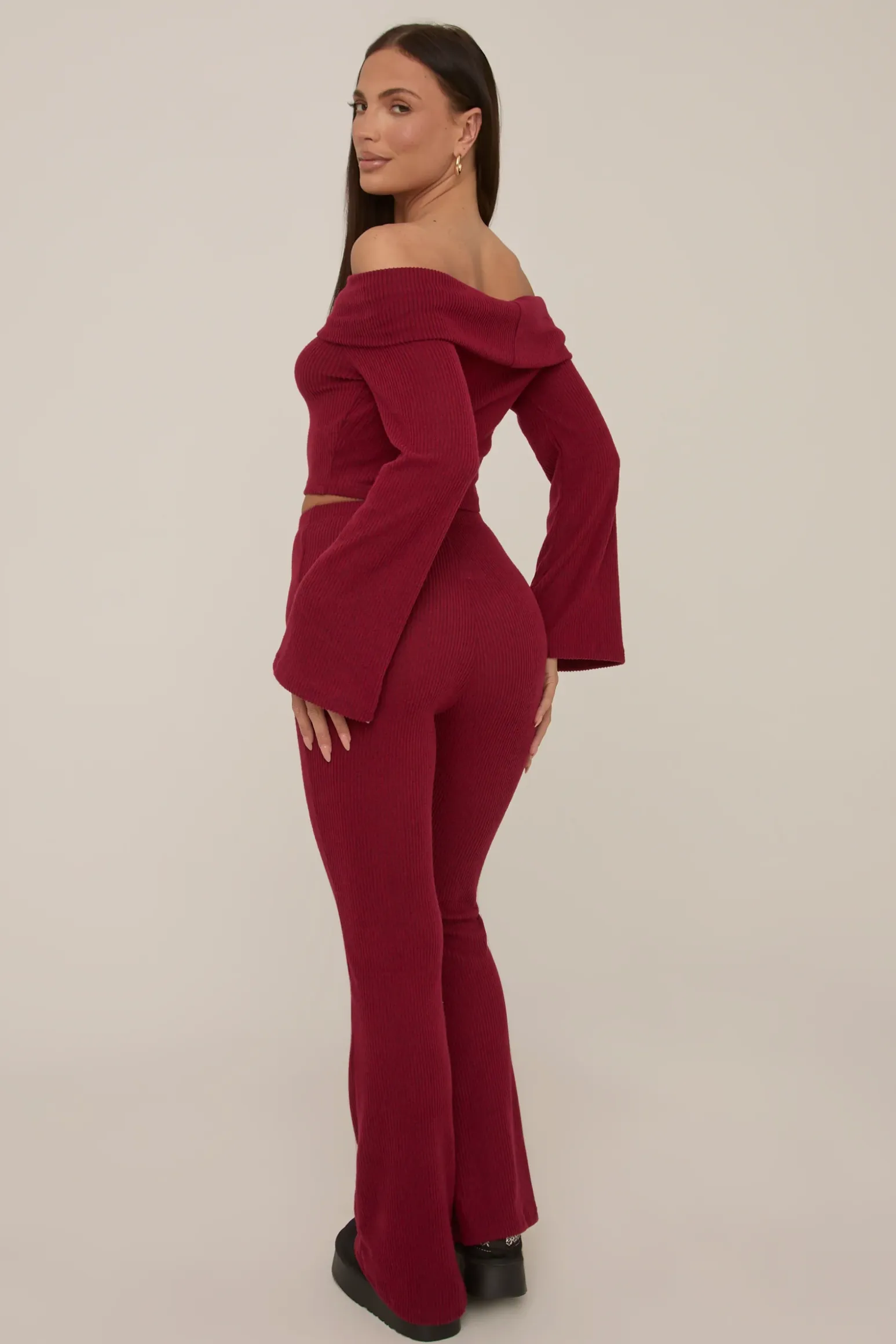 Rebellious Fashion Wine Knitted Fold Down Co Ord Set - Paisley