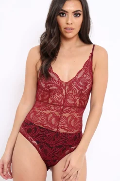 Rebellious Fashion Wine Lace Cross Back Bodysuit - Brogan