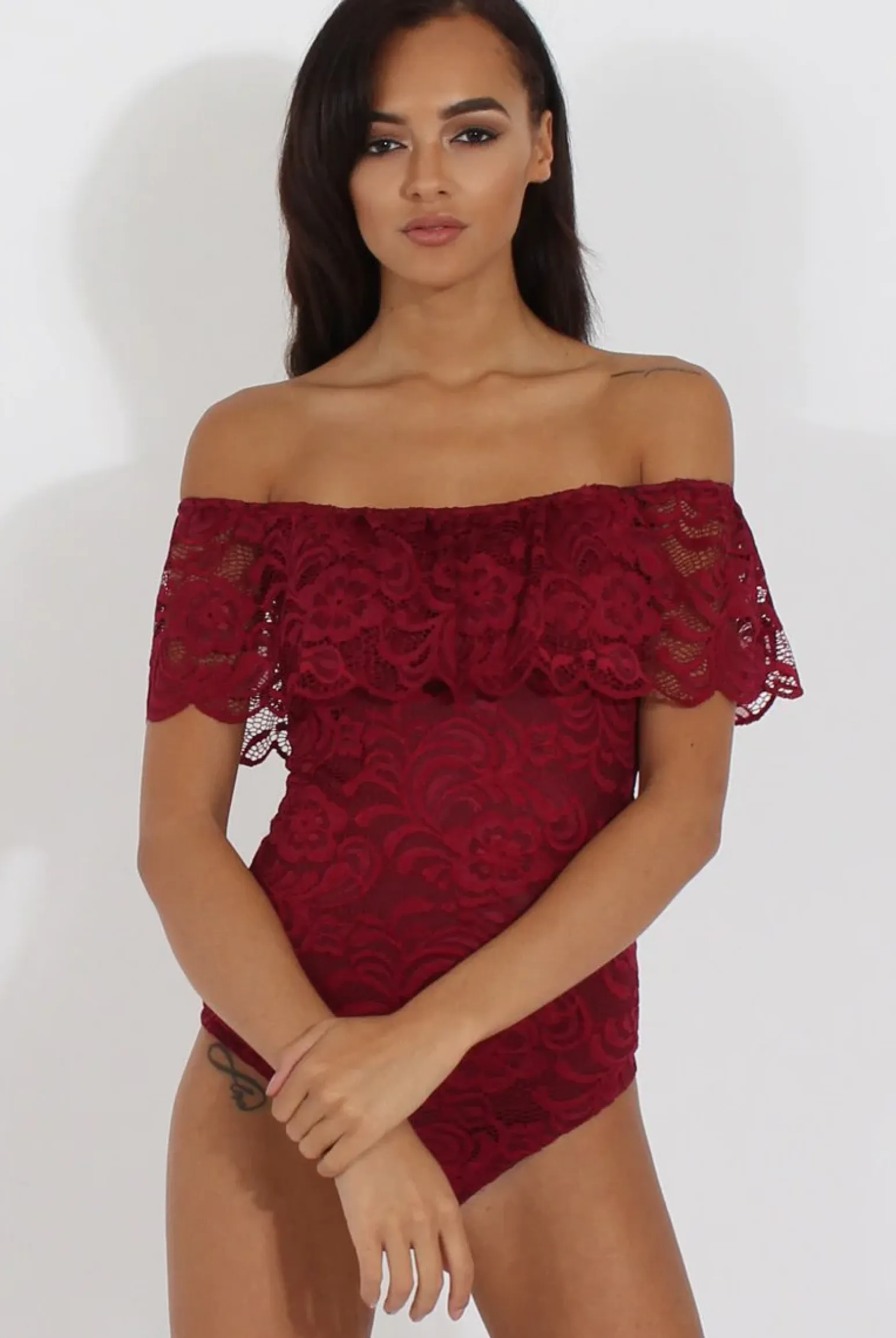 Rebellious Fashion Wine Lace Frill Bardot Bodysuit - Tonika