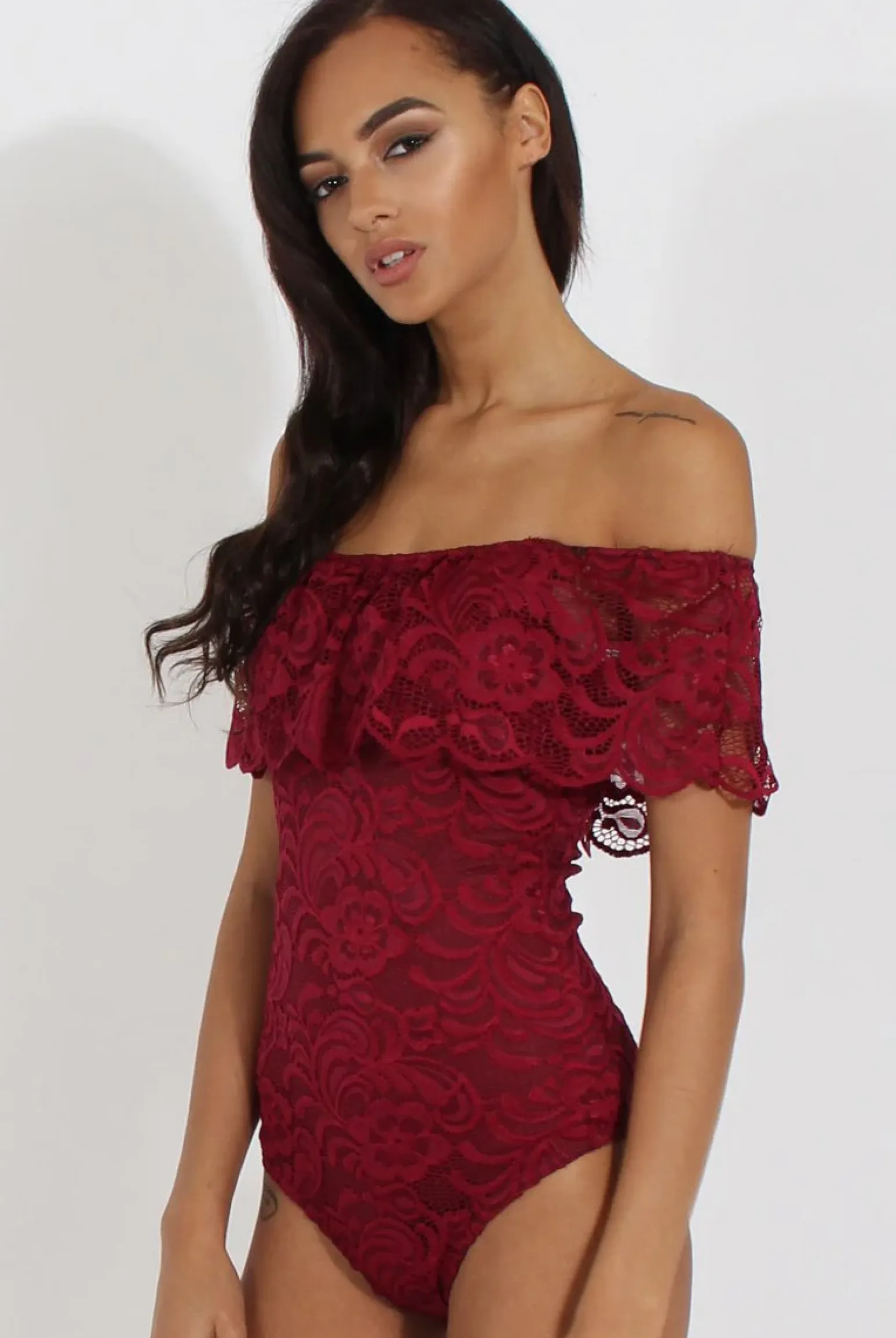 Rebellious Fashion Wine Lace Frill Bardot Bodysuit - Tonika