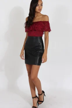 Rebellious Fashion Wine Lace Frill Bardot Bodysuit - Tonika