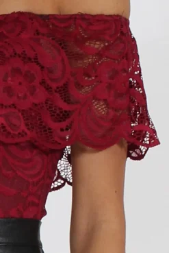 Rebellious Fashion Wine Lace Frill Bardot Bodysuit - Tonika