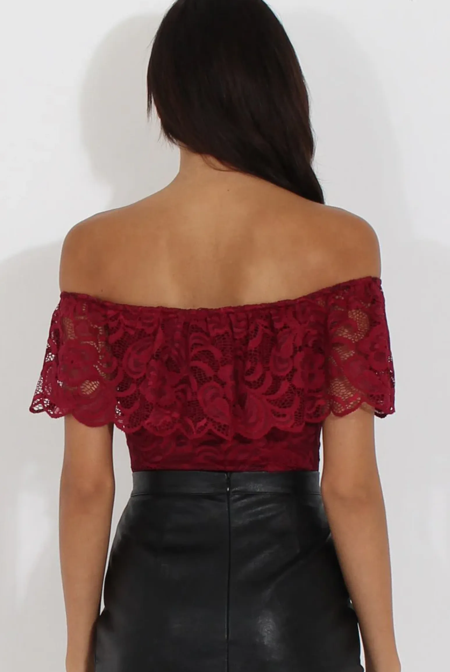 Rebellious Fashion Wine Lace Frill Bardot Bodysuit - Tonika