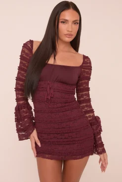 Rebellious Fashion Wine Lace Long Sleeve Mini Dress - Theo