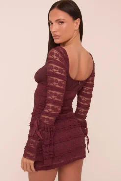 Rebellious Fashion Wine Lace Long Sleeve Mini Dress - Theo