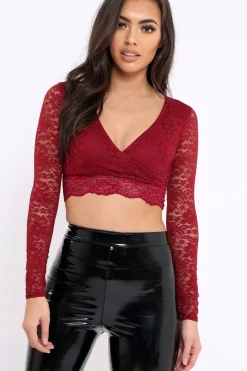 Rebellious Fashion Wine Lace Plunge Scalloped Hem Crop Top - Elouise