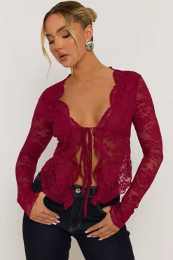 Rebellious Fashion Wine Lace Tie Front Top - Lana