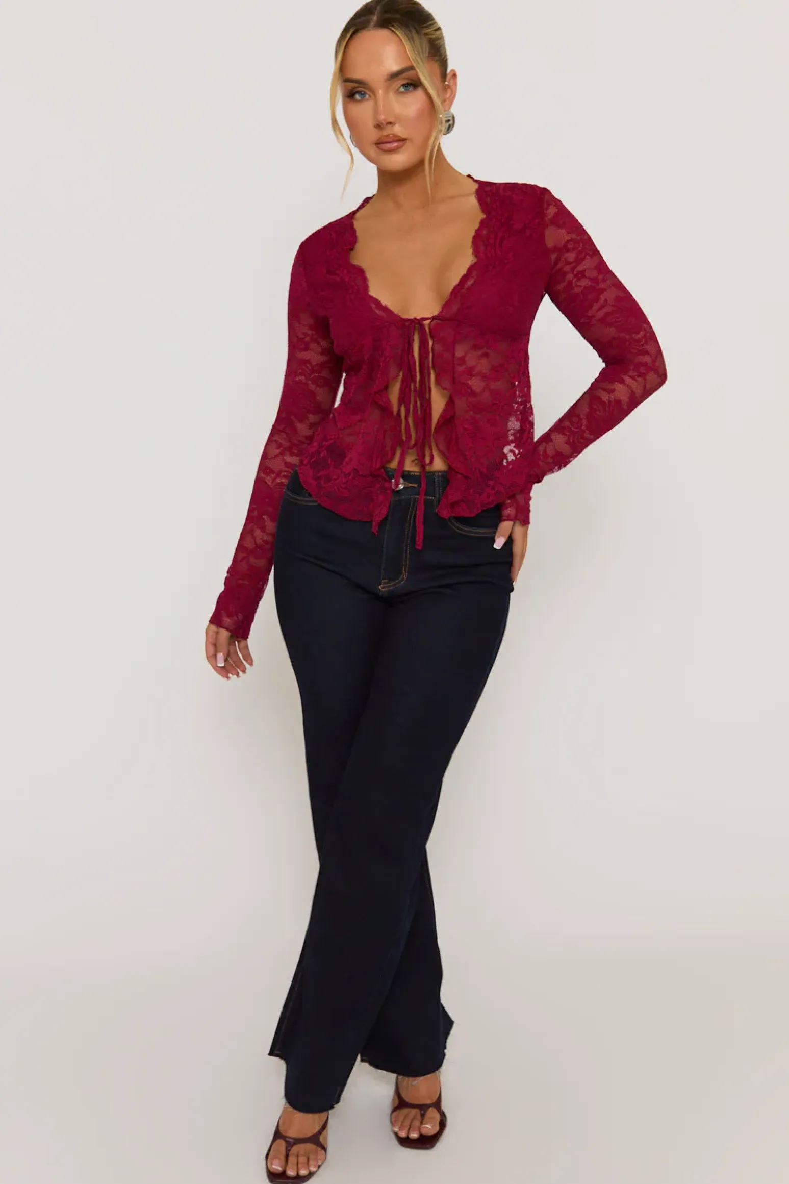 Rebellious Fashion Wine Lace Tie Front Top - Lana