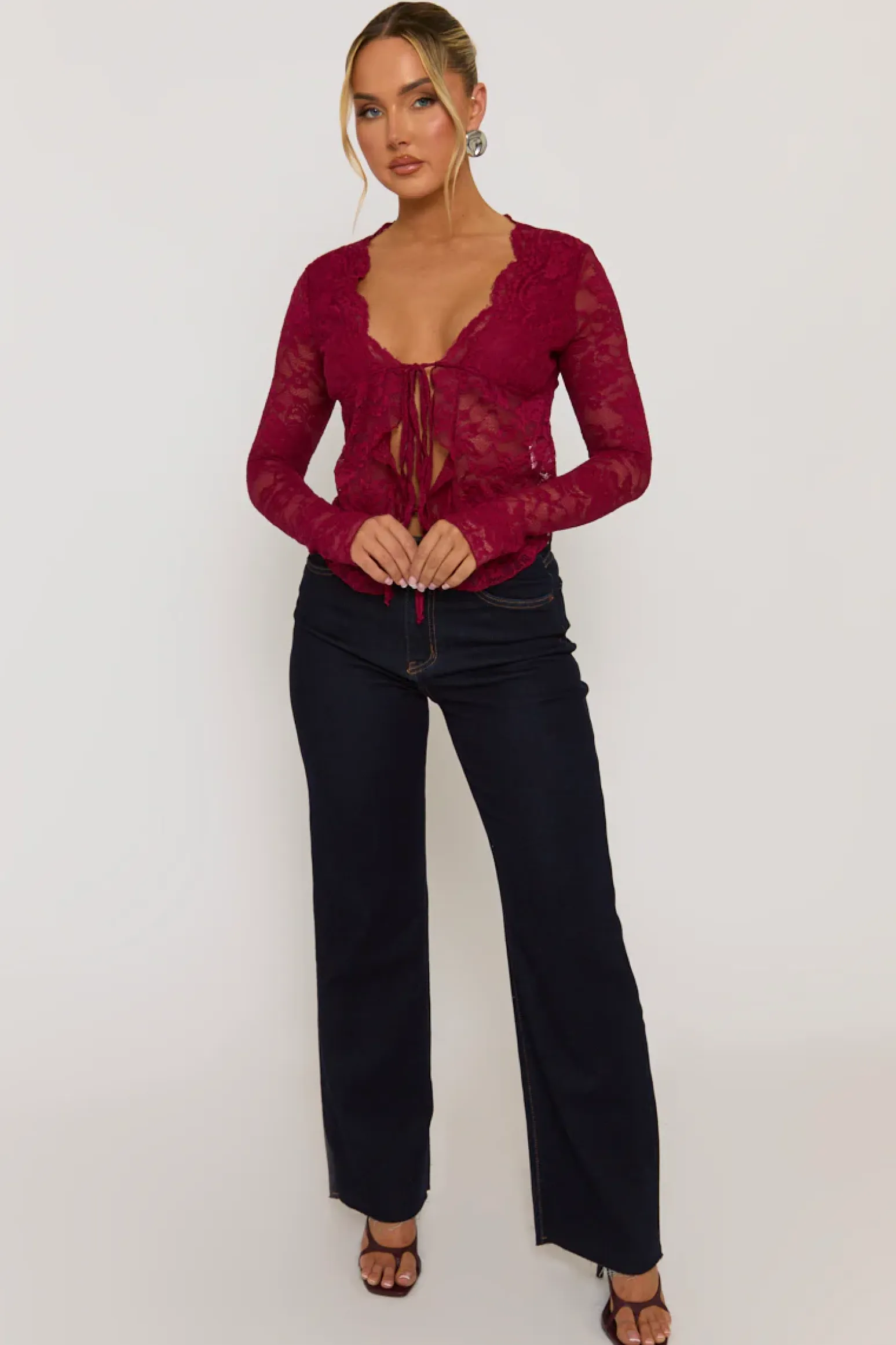 Rebellious Fashion Wine Lace Tie Front Top - Lana
