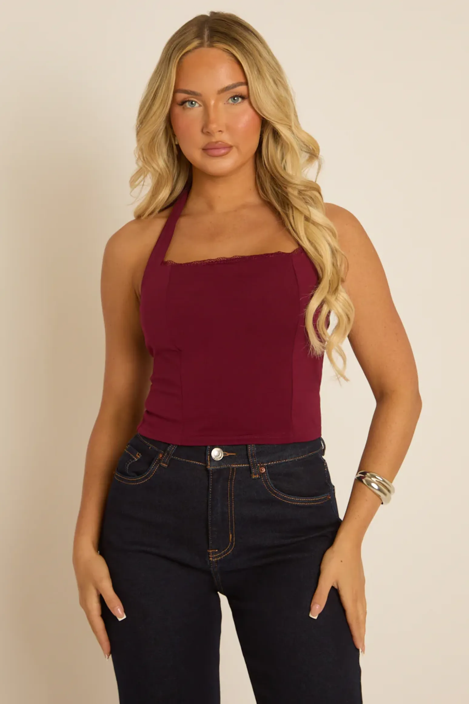 Rebellious Fashion Wine Lace Trim Halter Top - Karlee