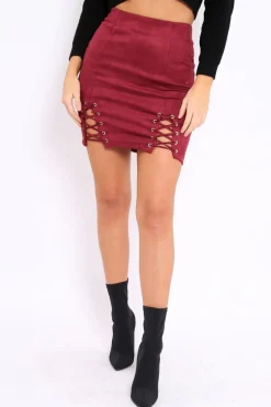 Rebellious Fashion Wine Lace Up Suedette Mini Skirt - Tiara