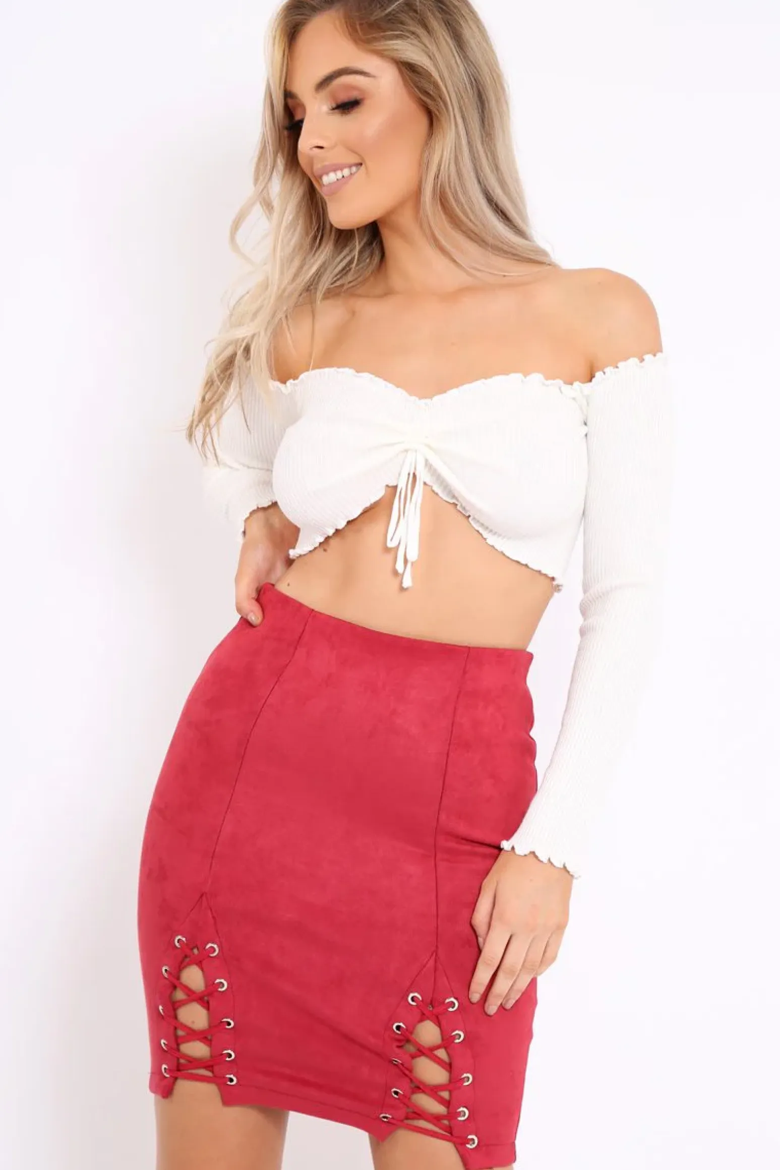 Rebellious Fashion Wine Lace Up Suedette Skirt - Jenna