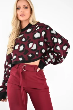 Rebellious Fashion Wine Leopard Crop Batwing Jumper - Raigen