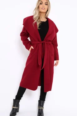 Rebellious Fashion Wine Long Length Waterfall Belted Coat - Cindy