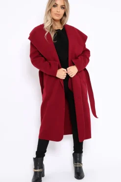 Rebellious Fashion Wine Long Length Waterfall Belted Coat - Cindy