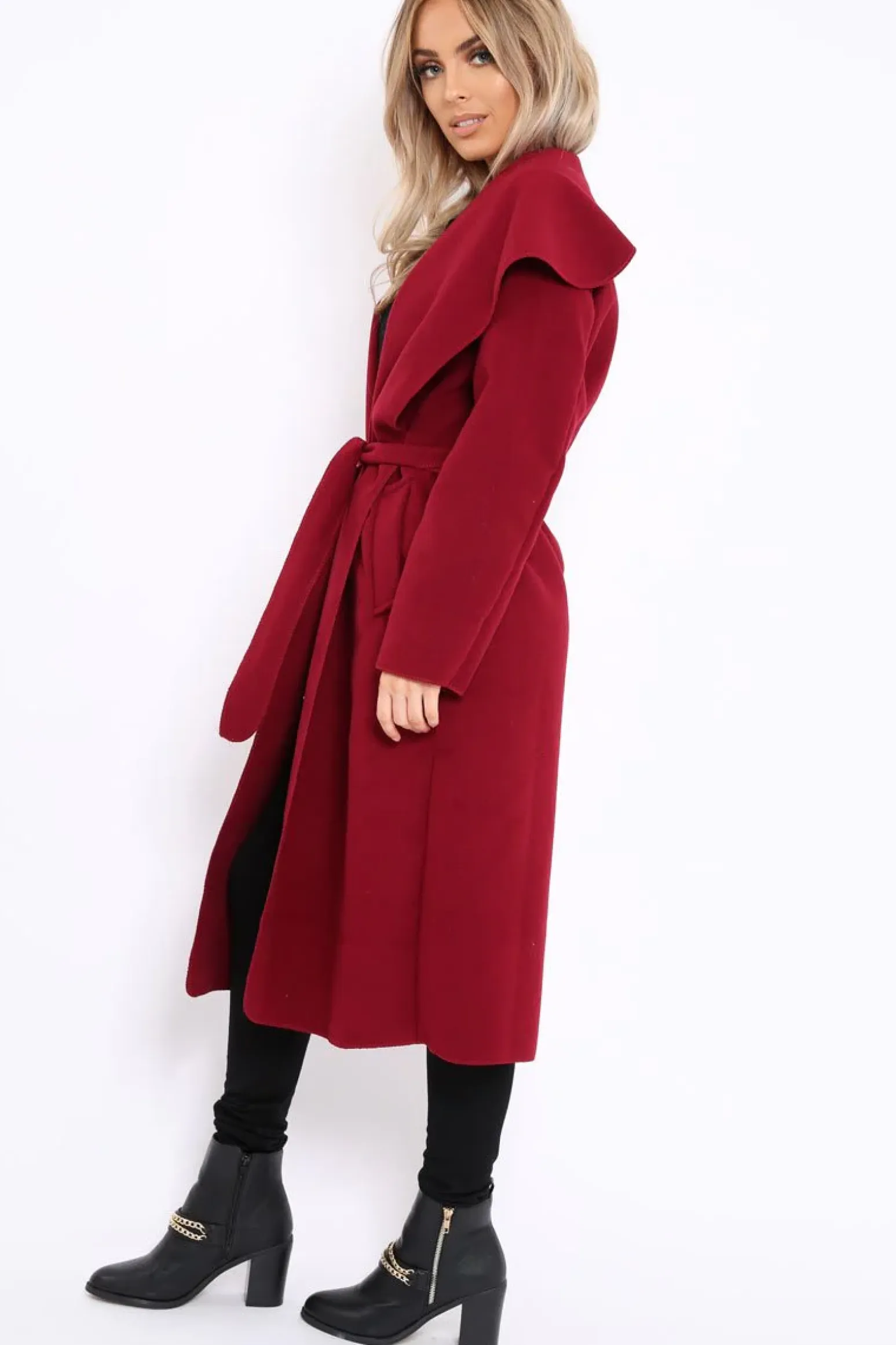 Rebellious Fashion Wine Long Length Waterfall Belted Coat - Cindy