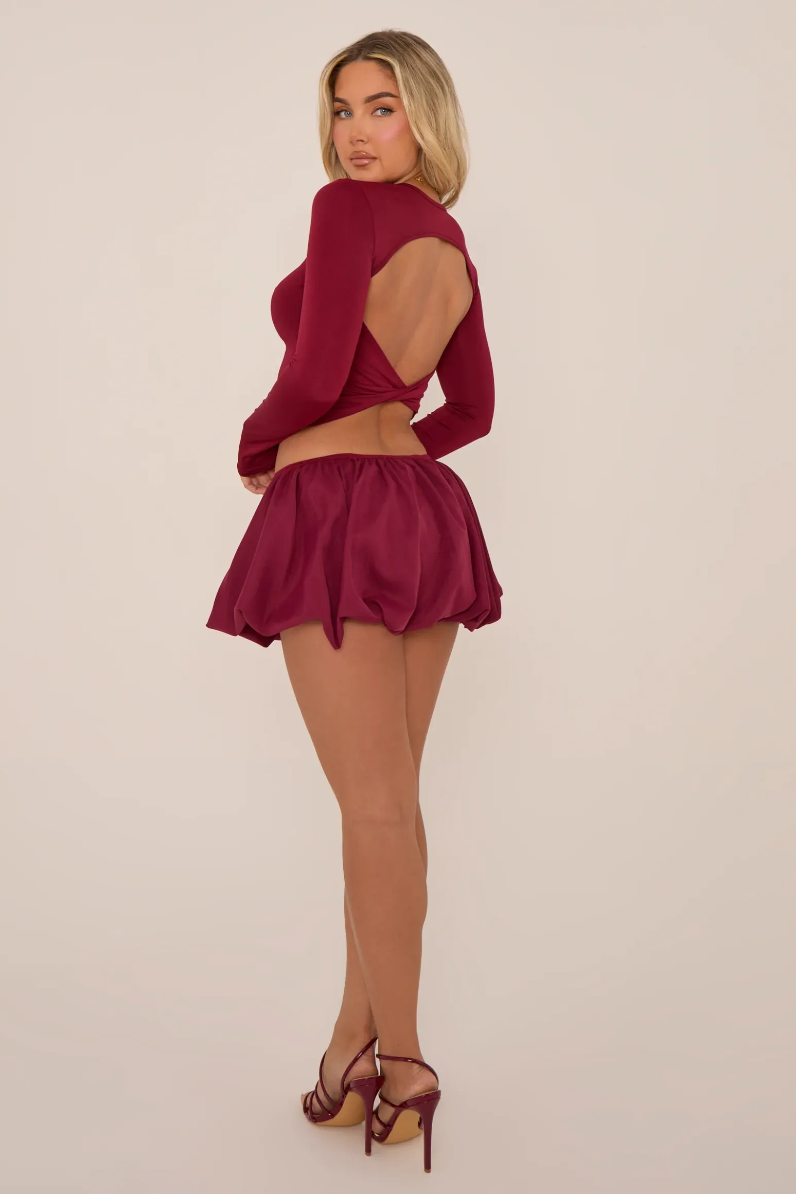 Rebellious Fashion Wine Long Sleeve Open Back Puff Ball Co-ord Set - Flavia