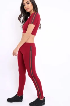 Rebellious Fashion Wine loungewear set with Side Stripe Sports Trim Detail - Lear