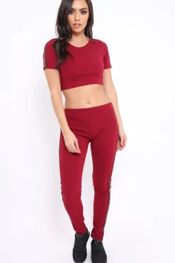 Rebellious Fashion Wine loungewear set with Side Stripe Sports Trim Detail - Lear