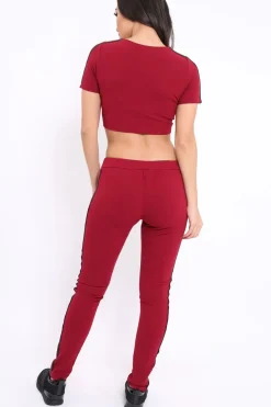 Rebellious Fashion Wine loungewear set with Side Stripe Sports Trim Detail - Lear