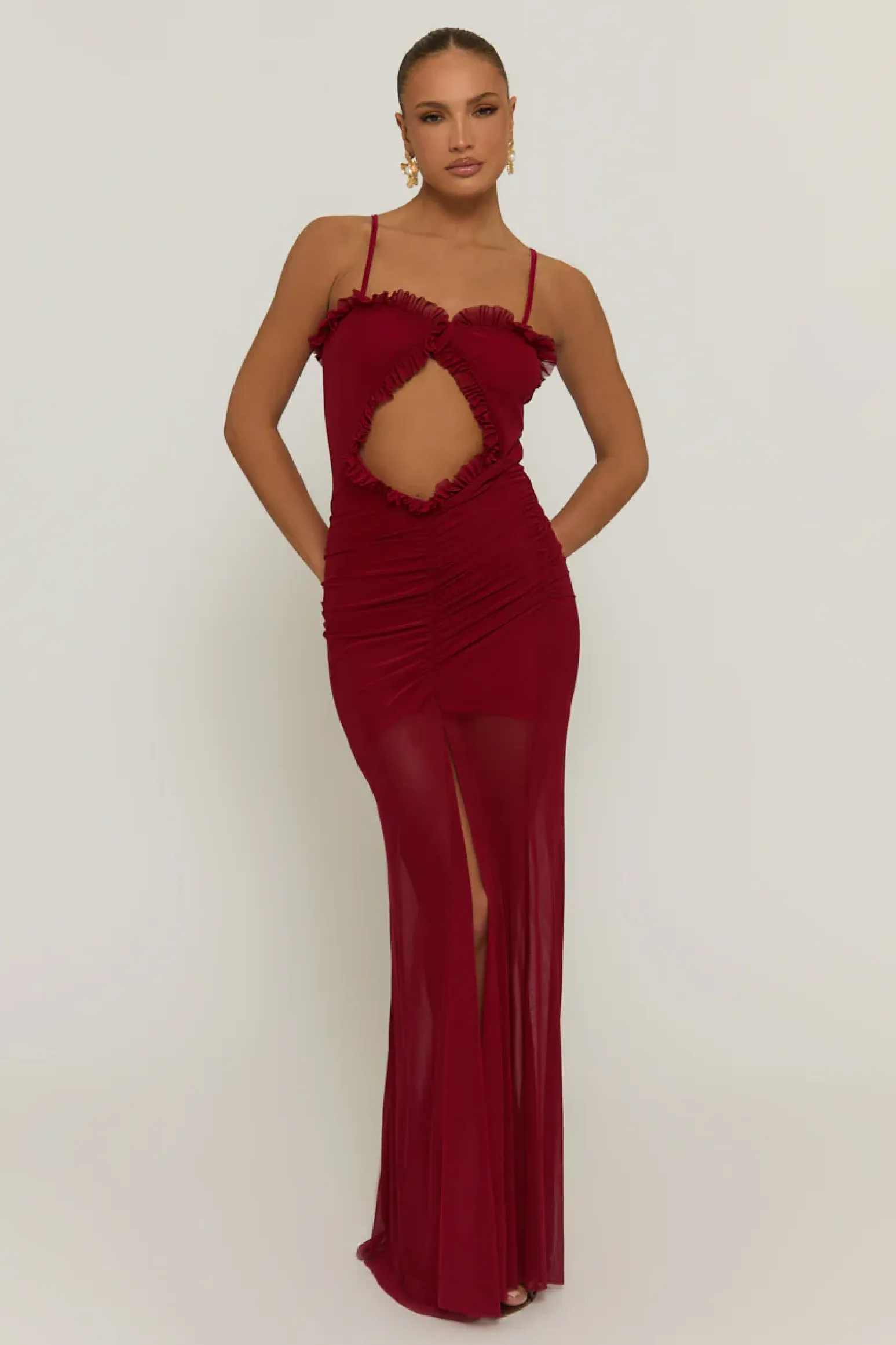 Rebellious Fashion Wine Mesh Cut Out Strappy Maxi Dress - Rhiannon