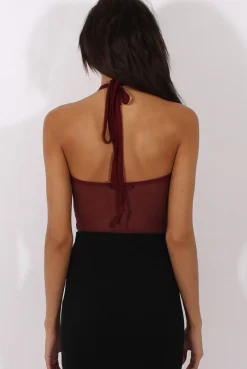 Rebellious Fashion Wine Mesh Flocked Halter Neck Bodysuit - Annetta