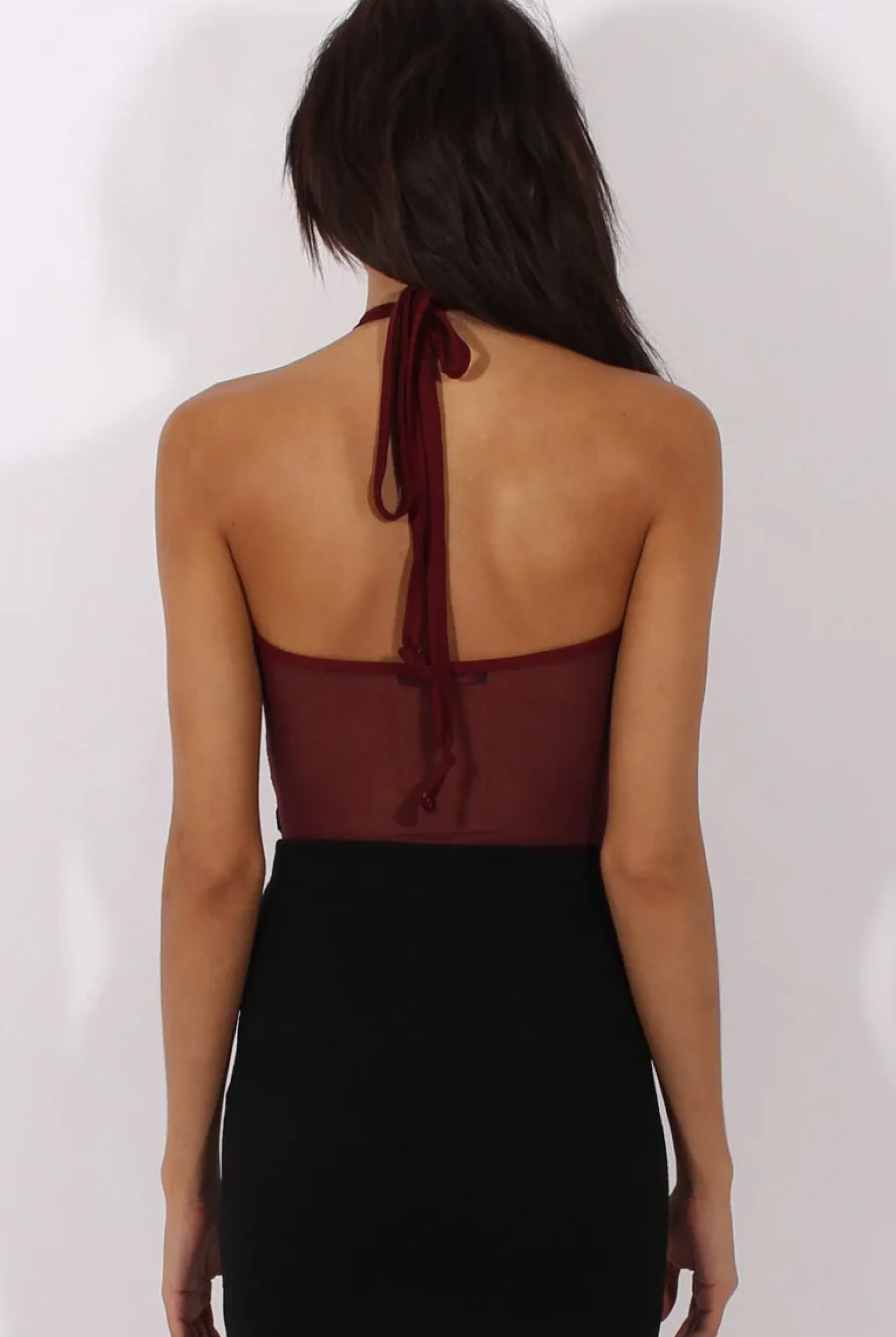 Rebellious Fashion Wine Mesh Flocked Halter Neck Bodysuit - Annetta