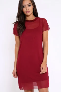 Rebellious Fashion Wine Mesh Overlay T-Shirt Dress - Selena