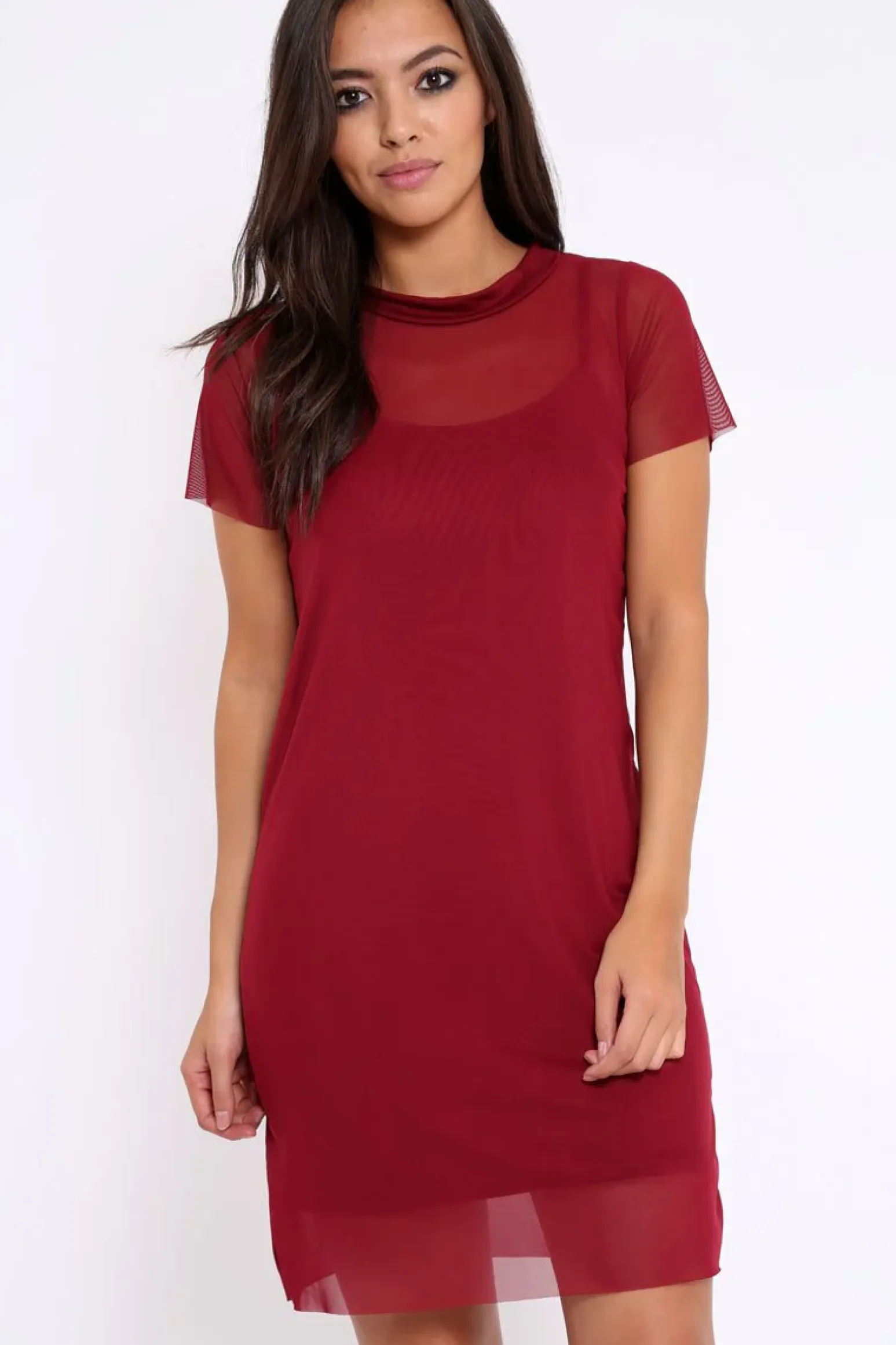 Rebellious Fashion Wine Mesh Overlay T-Shirt Dress - Selena