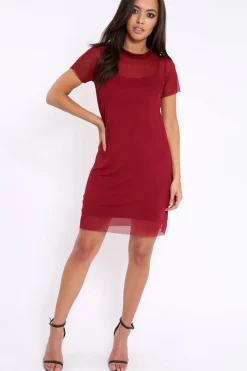 Rebellious Fashion Wine Mesh Overlay T-Shirt Dress - Selena