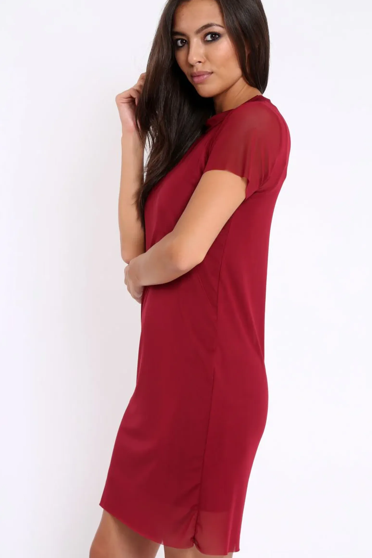 Rebellious Fashion Wine Mesh Overlay T-Shirt Dress - Selena