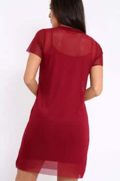 Rebellious Fashion Wine Mesh Overlay T-Shirt Dress - Selena