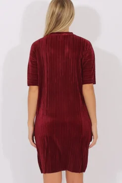 Rebellious Fashion Wine Metallic Pleated Short Sleeve Midi Dress - Kitty