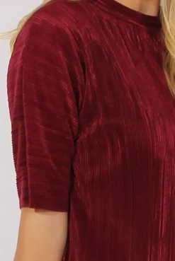 Rebellious Fashion Wine Metallic Pleated Short Sleeve Midi Dress - Kitty
