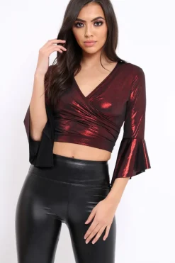 Rebellious Fashion Wine Metallic Plunge Bell Sleeve Crop Top - Merla