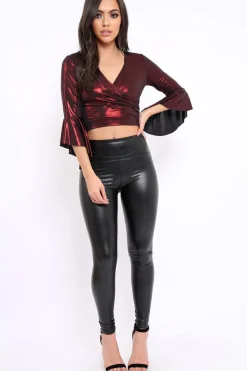 Rebellious Fashion Wine Metallic Plunge Bell Sleeve Crop Top - Merla