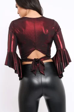 Rebellious Fashion Wine Metallic Plunge Bell Sleeve Crop Top - Merla