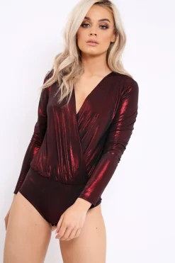 Rebellious Fashion Wine Metallic Wrap Front Bodysuit - Kristen