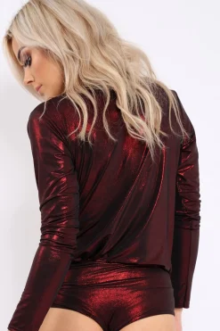 Rebellious Fashion Wine Metallic Wrap Front Bodysuit - Kristen